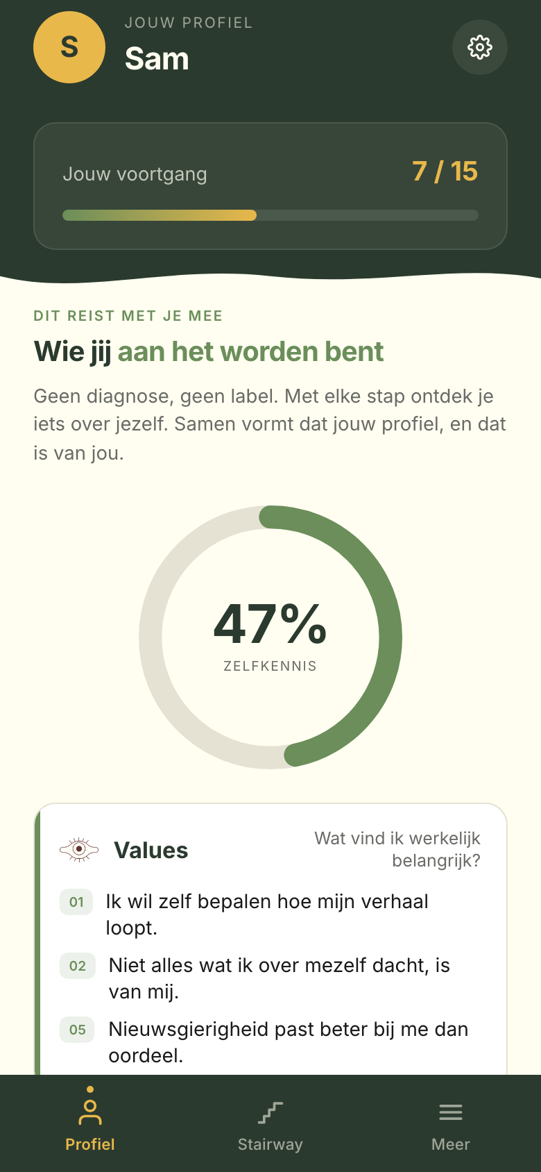 Het profiel in de Labelloos-app: talenten en waarden in eigen woorden